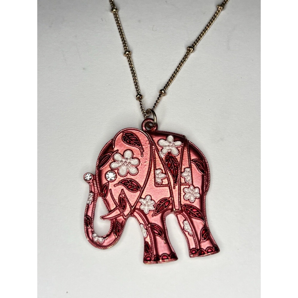 Pink Elephant Charm Necklace White Enamel Rhinestone Gold Tone Station Chain 32"